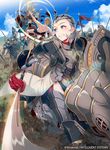  40hara armor blonde_hair clenched_teeth cloud company_connection company_name copyright_name day dirt english fire_emblem fire_emblem_cipher fire_emblem_if gameplay_mechanics gauntlets glint grey_eyes grey_hair groin hair_slicked_back highres holding holding_weapon horse horseback_riding lens_flare looking_back multiple_boys naginata official_art outdoors polearm riding short_hair sky sophie_(fire_emblem_if) sweatdrop teeth thighhighs topless watermark weapon 