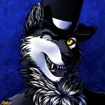 2017 anthro black_fur black_nose black_sclera blue_background canine dog fur hat husky looking_at_viewer male mammal one_eye_closed open_mouth ratte simple_background solo teeth thehuskyk9 top_hat white_fur wink yellow_eyes 