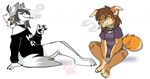  andogg anthro canine clothed clothing collar drugs duo ear_piercing female fur hair mammal marijuana piercing simple_background sitting smile smoke white_background 