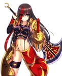  3: absurdres armor bangs blue_eyes breastplate breasts brown_hair closed_mouth commentary_request cowboy_shot eyebrows_visible_through_hair eyes_visible_through_hair hair_over_one_eye highres holding holding_sword holding_weapon legs_apart long_hair looking_at_viewer medium_breasts midriff multicolored_hair murasame_shia navel original pauldrons red_hair sash shield shoulder_armor simple_background solo standing streaked_hair suspenders sword thigh_strap two-tone_hair v-shaped_eyebrows weapon white_background 