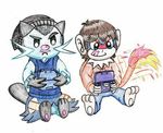  2017 2ds 3ds anthro beanie beige_skin black_eyes black_hair blue_eyes blue_fur bottomless brown_hair clothed clothing dewott duck_hunt_dog_(artist) duo fan_character fire flaming_tail fur hair hat hoodie male mammal monferno monkey mustelid nintendo nintendo_2ds orange_fur otter pok&eacute;mon primate shirt simple_background smile sweater sweater_vest sweatpants tongue traditional_media_(artwork) video_games white_background white_fur 