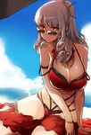 bare_shoulders beach bikini blush bracelet breasts carmilla_(fate/grand_order) chain_necklace cleavage cloud curly_hair day fate/grand_order fate_(series) hair_ornament highres jewelry large_breasts long_hair looking_at_viewer navel necklace ocean outdoors ponytail red_bikini sarong shadow sidelocks silver_hair sky solo strap_slip summertime_mistress_(fate/grand_order) sunglasses swimsuit thighs tokiwa_midori_(kyokutou_funamushi) umbrella wristband yellow_eyes 