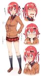 :3 :d absurdres bangs bat_hair_ornament black_legwear black_ribbon blush breasts cardigan check_translation commentary_request cross doyagao expressions fang fingers_together flying_sweatdrops gabriel_dropout greatmosu hair_ornament hair_ribbon hair_rings highres kurumizawa_satanichia_mcdowell loafers long_sleeves looking_at_viewer medium_breasts miniskirt multiple_views necktie nose_blush open_mouth parted_lips pleated_skirt pointing pointing_at_viewer purple_eyes red_hair red_neckwear ribbon school_uniform shoes short_hair skirt smile socks tearing_up tears translation_request v-shaped_eyebrows 
