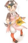  1girl :d apron bird_tail black_hair brown_eyes brown_hair commentary_request flag full_body head_wings highres kemono_friends multicolored_hair open_mouth orange_legwear pink_apron scarf shoes short_sleeves shorts simple_background smile solo spot-billed_duck_(kemono_friends) thin_(suzuneya) translation_request whistle whistle_around_neck white_background white_hair white_scarf white_shorts wristband 