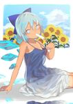  arm_support bare_shoulders berabou blue_eyes blue_hair blush body_blush cirno dress flower food hidden_star_in_four_seasons highres ice ice_wings looking_at_viewer popsicle short_hair sitting solo sundress sunflower sweat tan tanline tanned_cirno touhou wings 