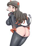  animal_ears ass bar_censor black_pants black_shirt blush breasts brown_hair censored extra_ears eyebrows_visible_through_hair from_behind highres hippopotamus_(kemono_friends) hippopotamus_ears kemono_friends large_breasts leaning_forward long_hair looking_back matsuda_shin multicolored_hair open_mouth orange_hair pants pants_pull pussy shirt simple_background solo sweat sweatdrop tail two-tone_hair undressing white_background 