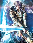  armor blue_eyes cape cardfight!!_vanguard company_name feet_out_of_frame gloves grey_hair headband liberator_of_dignity_elidos long_hair male_focus official_art riko_(pixiv_8741772) solo sparkle sword teeth weapon 