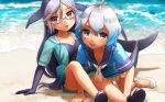  2girls bare_legs beach blue_eyes blue_hair california_sea_lion_(kemono_friends) commentary common_bottlenose_dolphin_(kemono_friends) dark_blue_hair day dolphin_tail dorsal_fin dress elbow_gloves eyebrows_visible_through_hair flippers frilled_dress frills glasses gloves grey_hair hair_tie jacket kemono_friends multicolored_hair multiple_girls neckerchief ocean on_ground one-piece_swimsuit sailor_collar sailor_dress sand sandals short_hair short_sleeves swimsuit welt_(kinsei_koutenkyoku) white_hair 