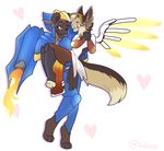  &lt;3 ambiguous_gender andogg anthro armor bodysuit canine clothed clothing duo fennec fox fur hair male mammal skinsuit smile standing tight_clothing wings 