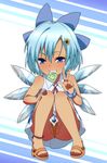  anus ass bare_arms bare_shoulders blue_eyes blue_hair blush cirno collared_dress commentary condom condom_in_mouth dress flower grin hair_flower hair_ornament hairclip hidden_star_in_four_seasons ice ice_wings jeno looking_at_viewer mouth_hold partially_visible_vulva sandals short_dress short_hair smile solo sundress sunflower_hair_ornament tanned_cirno teeth_hold toes touhou upskirt v w wings wristband 