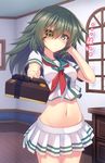  absurdres bangs blush breasts cabinet closed_mouth cowboy_shot eyebrows_visible_through_hair eyepatch gift green_eyes green_hair groin hair_between_eyes hand_in_hair hand_up highres holding holding_gift incoming_gift indoors kantai_collection kiso_(kantai_collection) long_hair looking_at_viewer medium_breasts midriff miniskirt murasame_shia navel neckerchief pleated_skirt red_neckwear school_uniform serafuku short_sleeves skirt solo standing valentine white_skirt window 