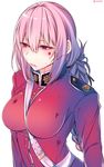  bangs between_breasts blood blood_on_face bloody_clothes braid breasts commentary_request eyebrows_visible_through_hair eyes_visible_through_hair fate/grand_order fate_(series) florence_nightingale_(fate/grand_order) large_breasts long_hair military military_uniform parted_lips pink_hair red_eyes shisei_(kyuushoku_banchou) simple_background solo uniform upper_body white_background 