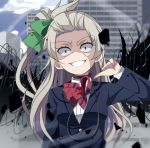  1girl accelerator accelerator_(cosplay) black_wings bow bowtie building choker cloud cloudy_sky commentary_request cosplay crazy crazy_eyes crazy_smile crossover green_ribbon grey_hair grin hair_ribbon highres long_sleeves looking_at_viewer love_live! love_live!_school_idol_project minami_kotori muse_loss one_side_up otonokizaka_school_uniform parody red_eyes red_neckwear ribbon school_uniform sky smile solo striped striped_neckwear thumbs_down to_aru_majutsu_no_index wings 