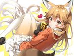  animal_ears black_gloves blonde_hair blush extra_ears eyebrows_visible_through_hair ezo_red_fox_(kemono_friends) food fox_ears fox_tail gloves gradient_hair hair_between_eyes heart holding jacket japari_bun japari_symbol kemono_friends long_hair long_sleeves looking_at_viewer looking_back miniskirt multicolored_hair orange_jacket pantyhose riichu skirt solo tail twitter_username two-tone_hair very_long_hair white_hair white_skirt yellow_eyes 