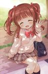  blush bow bowtie brown_hair brown_skirt closed_eyes dappled_sunlight eyebrows_visible_through_hair hair_ribbon idolmaster idolmaster_cinderella_girls looking_at_viewer ogata_chieri open_mouth plaid plaid_skirt red_bow red_neckwear red_ribbon ribbon ringo_(nanaprin) short_hair skirt smile solo sunlight sweater twintails waving 