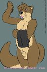  2016 animal_genitalia animal_penis anthro balls brown_fur canine_penis che-the-bun digital_media_(artwork) fur hair male mammal mustelid nude otter patch_the_otter penis sheath simple_background smile solo tongue 