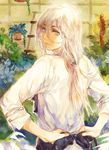  adjusting_clothes androgynous apron back_bow bangs blue_bow blue_flower bow commentary_request flower flower_pot green_flower hair_between_eyes lavender_eyes long_hair long_sleeves looking_at_viewer male_focus mii_(chibinomi) original shirt tied_hair upper_body white_shirt 