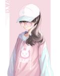  1girl baseball_cap blush brown_background brown_eyes brown_hair character_name closed_mouth collarbone commentary d.va_(overwatch) drawstring english_commentary facial_mark glasses hat highres hood hood_down hoodie huyou_(awegk) long_hair long_sleeves looking_away overwatch pink_hoodie ponytail puffy_long_sleeves puffy_sleeves round_eyewear solo two-tone_background upper_body white_background white_hat 