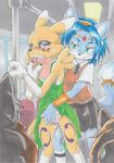  2017 absurd_res anthro anthro_on_anthro bed black_sclera blue_eyes blue_fur blue_hair blush canine clothed clothing crossover cub daigaijin digimon duo female female/female fingering fox fully_clothed fur hair hi_res jewelry krystal mammal nintendo nipples panties public renamon star_fox sweat underwear vaginal vaginal_fingering video_games yellow_fur young 