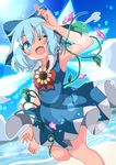  ;d armpits barefoot beach blue_bow blue_dress blue_eyes blue_hair bow cirno day do_(4-rt) dress fang flower hair_bow hidden_star_in_four_seasons highres ice ice_wings morning_glory ocean one_eye_closed open_mouth red_ribbon ribbon short_hair sleeveless sleeveless_dress smile solo sunflower tan tanned_cirno touhou wings 