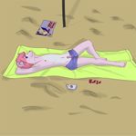  2017 anthro armpits balls beach blue_eyes bulge butsu canine clothed clothing cute digital_media_(artwork) erection girly hair humanoid_penis looking_at_viewer lying male mammal muscular navel nipples outside penis pink_hair sand seaside smile solo speedo sunbathing swimsuit topless towel young 