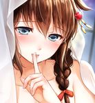  bangs barefoot blanket blue_eyes blurry blurry_background blush braid brown_hair close-up collarbone commentary_request eyebrows_visible_through_hair eyelashes face finger_to_mouth fingernails hair_between_eyes hair_flaps hair_ornament hair_over_shoulder hair_ribbon hairpin head_tilt index_finger_raised kantai_collection lips long_hair looking_at_viewer pink_lips red_ribbon remodel_(kantai_collection) ribbon shigure_(kantai_collection) shiny shiny_hair shushing single_braid solo sweat topless umakuchi_shouyu under_covers 