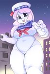  big_breasts breasts clothed clothing crossgender english_text female ghostbusters hair hat leotard macro navel nipple_bulge sailor_uniform shepherd0821 slightly_chubby stay_puft_marshmallow_man text thick_thighs white_hair white_skin 
