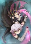  ass bandages bare_shoulders black_legwear cape fate/apocrypha fate/grand_order fate_(series) gloves green_eyes highres jack_the_ripper_(fate/apocrypha) looking_at_viewer looking_up open_mouth panikuru_yuuto rain scar short_hair silver_hair solo thighhighs underwear weapon 