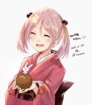  1girl 2019 boar bunny character_name dated eyes_closed hair_bobbles hair_ornament japanese_clothes kantai_collection kimono open_mouth pink_hair pink_kimono print_kimono sazanami_(kantai_collection) short_hair smile solo twintails twitter_username u_yuz_xx white_background 