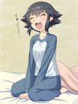  bed black_hair blanket blush closed_eyes clothes_writing collarbone commentary_request eyebrows_visible_through_hair girls_und_panzer highres italian looking_away open_mouth pajamas pepperoni_(girls_und_panzer) ruka_(piyopiyopu) short_hair teeth tired translated yawning 