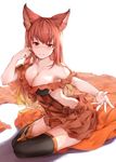  animal_ears anthuria black_legwear breasts cleavage dress erune granblue_fantasy hair_in_mouth hair_tucking hana_mori highres large_breasts looking_at_viewer outstretched_arms red_dress red_eyes red_hair side_slit sitting smile solo thighhighs yokozuwari 