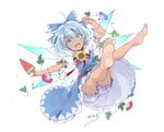  :d barefoot bloomers blue_bow blue_dress blue_eyes blue_flower blue_hair bow cirno dress feet flower food frilled_dress frilled_sleeves frills full_body hair_bow hidden_star_in_four_seasons highres ice ice_wings leaf looking_at_viewer morning_glory open_mouth popsicle puffy_short_sleeves puffy_sleeves red_flower red_ribbon ribbon short_hair short_sleeves smile solo sunflower tan tanline tanned_cirno touhou toutenkou underwear watermelon_bar white_bloomers wings 