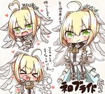  &gt;_&lt; ahoge blonde_hair blush closed_eyes fate/grand_order fate_(series) green_eyes heart jako_(jakoo21) looking_at_viewer nero_claudius_(bride)_(fate) nero_claudius_(fate)_(all) open_mouth short_hair smile solo text_focus translation_request 