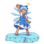  1girl ^_^ ajia_(otya3039) barefoot blue_bow blue_dress blue_hair bow cirno closed_eyes dress flower full_body hand_up hidden_star_in_four_seasons ice ice_wings pixel_art smile solo sunflower tan tanned_cirno touhou transparent_background waving wings 