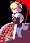  aqua_eyes back back_cutout black_background black_shirt blonde_hair blood blood_splatter flower frilled_shirt_collar frilled_skirt frills from_side hair_ribbon highres holding holding_flower kanzakietc lily_of_the_valley medicine_melancholy profile puffy_short_sleeves puffy_sleeves red_skirt ribbon ribbon-trimmed_clothes ribbon-trimmed_collar ribbon-trimmed_shirt ribbon-trimmed_skirt ribbon_trim shirt short_hair short_sleeves simple_background skirt solo touhou 