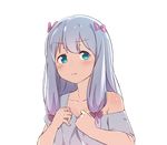  bare_shoulders blue_eyes blush bow closed_mouth eromanga_sensei eyebrows_visible_through_hair hair_bow highres izumi_sagiri long_hair looking_to_the_side off_shoulder official_style okamen pink_bow shirt short_sleeves solo t-shirt transparent_background upper_body 