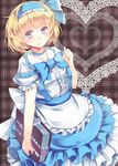  alice_margatroid alice_margatroid_(pc-98) apron blonde_hair blue_eyes blue_hairband blue_skirt blush book choker frilled_apron frilled_hairband frills grey_background hairband hand_up head_tilt heart_pattern highres holding holding_book kanzakietc looking_at_viewer plaid plaid_background reflective_eyes shiny shiny_hair shirt short_hair short_sleeves skirt smile solo suspender_skirt suspenders touhou touhou_(pc-98) waist_apron white_shirt 