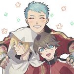  ^_^ aqua_hair black_hair blonde_hair blue_eyes chagashi closed_eyes grin hand_on_another's_shoulder hood horikawa_kunihiro jacket male_focus multiple_boys open_mouth smile touken_ranbu track_jacket upper_body yamabushi_kunihiro yamanbagiri_kunihiro 