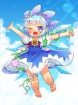  barefoot blue_bow blue_dress blue_eyes blue_hair bow cirno dress feet flower hidden_star_in_four_seasons highres ibaraki_natou ice ice_wings one_eye_closed plant smile solo sunflower tan tanned_cirno touhou vines wings 