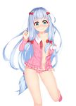  ass_visible_through_thighs bad_id bad_pixiv_id blue_eyes blush bow breasts eromanga_sensei hair_bow highres izumi_sagiri long_hair looking_at_viewer open_clothes pajamas panties panty_pull pink_bow pink_panties silver_hair simple_background small_breasts solo standing standing_on_one_leg thighs underwear very_long_hair wavy_mouth white_background yuruto 