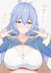  ahoge blush braid breasts cleavage covered_nipples crop_top dated embarrassed granblue_fantasy hair_between_eyes kuavera large_breasts long_hair looking_at_viewer midriff pointing pointing_at_self silva_(granblue_fantasy) silver_hair solo translated twin_braids upper_body very_long_hair yellow_eyes 