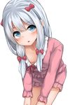  :o bent_over blue_eyes blush bow breasts commentary_request eromanga_sensei hair_bow highres izumi_sagiri leaning_forward long_hair looking_at_viewer mizushina_minato no_bra open_mouth pajamas pink_bow silver_hair simple_background small_breasts solo white_background 