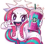  ass blue_hair blush breasts coffee_cup commentary cream crown cup disposable_cup drinking_straw drooling finger_to_mouth frappuccino gashi-gashi hair_censor hair_over_breasts heart heart_in_mouth long_hair medium_breasts multicolored multicolored_clothes multicolored_hair multicolored_legwear nude pink_hair pink_skin solo sparkle sparkling_eyes sprinkles starbucks starbucks_siren stb-chan striped striped_legwear sweat unicorn_frappuccino white_background 