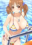  bikini breasts brown_eyes brown_hair heart heart_necklace highres idolmaster idolmaster_cinderella_girls jewelry large_breasts looking_at_viewer multicolored multicolored_stripes necklace oxxo_(dlengur) pendant pool_ladder side-tie_bikini smile solo strap_gap string_bikini striped striped_bikini swimsuit totoki_airi twintails wading water wet 