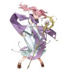  bangs belt dress fire_emblem fire_emblem:_rekka_no_ken fire_emblem_heroes full_body gloves highres holding kyuusugi_toku official_art open_mouth pink_hair purple_eyes scarf serra shoes sleeveless solo staff transparent_background twintails 