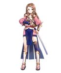  arm_guards armor brown_eyes brown_hair fire_emblem fire_emblem_heroes fire_emblem_if fuji_choko full_body headband highres japanese_clothes katana kazahana_(fire_emblem_if) long_hair no_socks official_art pelvic_curtain sandals shin_guards smile solo standing sword transparent_background weapon 