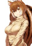  :3 animal_ears antenna_hair blazblue breasts brown_eyes brown_hair eyebrows_visible_through_hair hair_between_eyes large_breasts looking_at_viewer makoto_nanaya purinnssu ribbed_sweater short_hair simple_background smile solo squirrel_ears squirrel_tail sweater tail turtleneck turtleneck_sweater white_background 