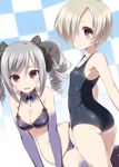  bags_under_eyes bikini black_bikini black_swimsuit blonde_hair breasts cleavage detached_collar drill_hair dutch_angle ear_piercing flat_chest hair_over_one_eye highres idolmaster idolmaster_cinderella_girls kanzaki_ranko looking_at_viewer lowleg lowleg_bikini medium_breasts multiple_girls piercing red_eyes school_swimsuit shirasaka_koume short_hair side-tie_bikini silver_hair sleeves_past_wrists smile suzuri_(tennenseki) swimsuit twin_drills twintails 