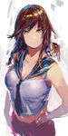  2017 artist_name bangs braid breasts brown_hair cleavage closed_mouth collarbone commentary_request cowboy_shot dated green_eyes hair_between_eyes hand_on_hip highres irikawa kantai_collection large_breasts long_hair looking_at_viewer midriff necktie noshiro_(kantai_collection) school_uniform serafuku simple_background skirt sleeveless smile solo swept_bangs twin_braids 