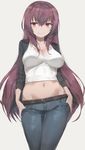  absurdres alternate_costume bangs black_jacket blush breasts casual cleavage closed_mouth contemporary contrapposto denim eyebrows_visible_through_hair fate/grand_order fate_(series) grey_background hair_between_eyes hands_in_pockets highres impossible_clothes jacket jeans long_hair looking_at_viewer medium_breasts midriff multicolored_shirt navel open_clothes open_jacket pants purple_hair red_eyes scathach_(fate)_(all) scathach_(fate/grand_order) shirt short_sleeves simple_background smile solo standing very_long_hair white_shirt yohan1754 
